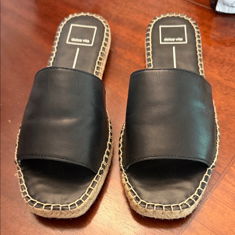 Dolce Vita Black Leather Espadrille Slide Sandals